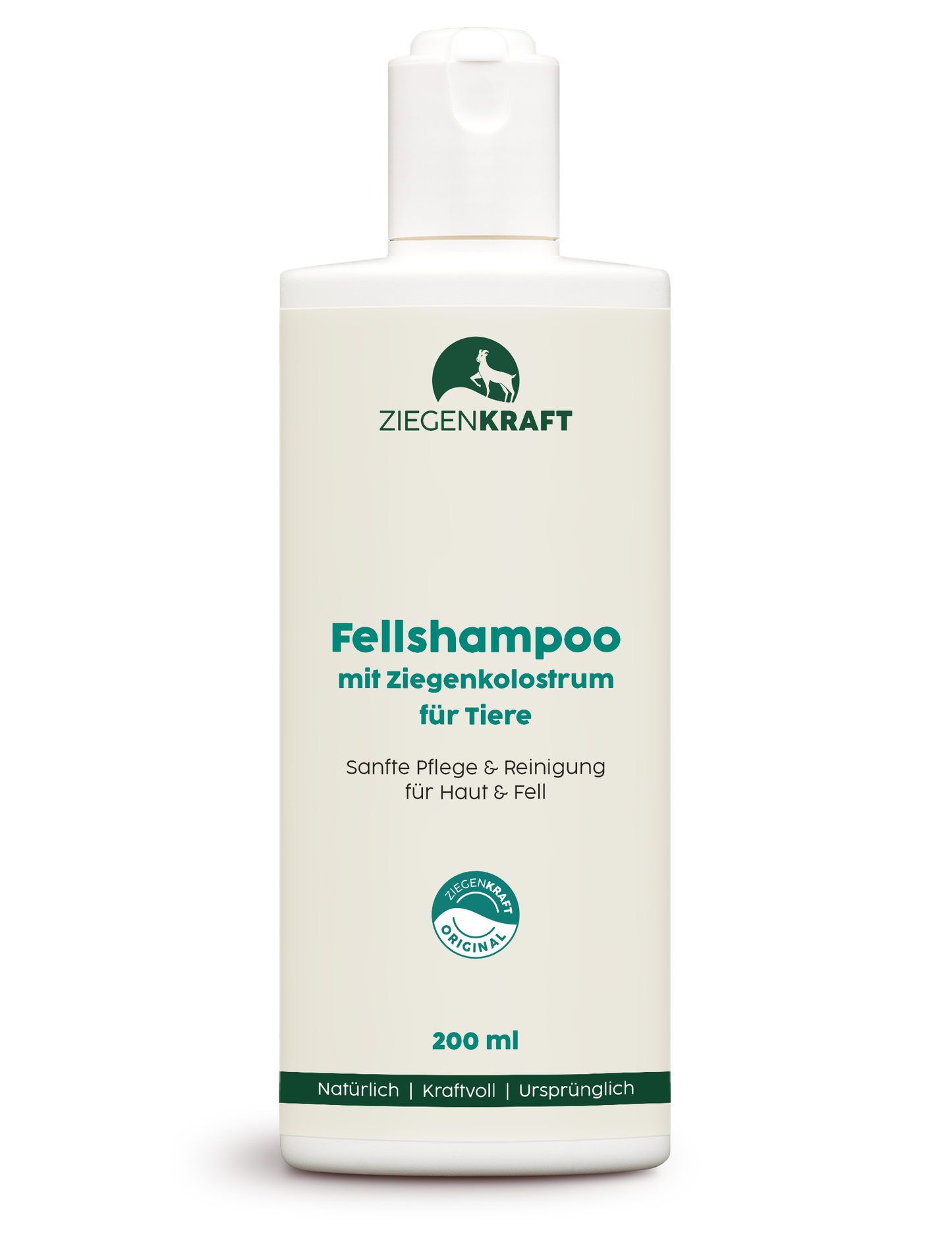 ZIEGENKRAFT Fellshampoo 200 ml – Produktabbildung des Tierpflegeshampoos mit Ziegenkolostrum in weißer Flasche.