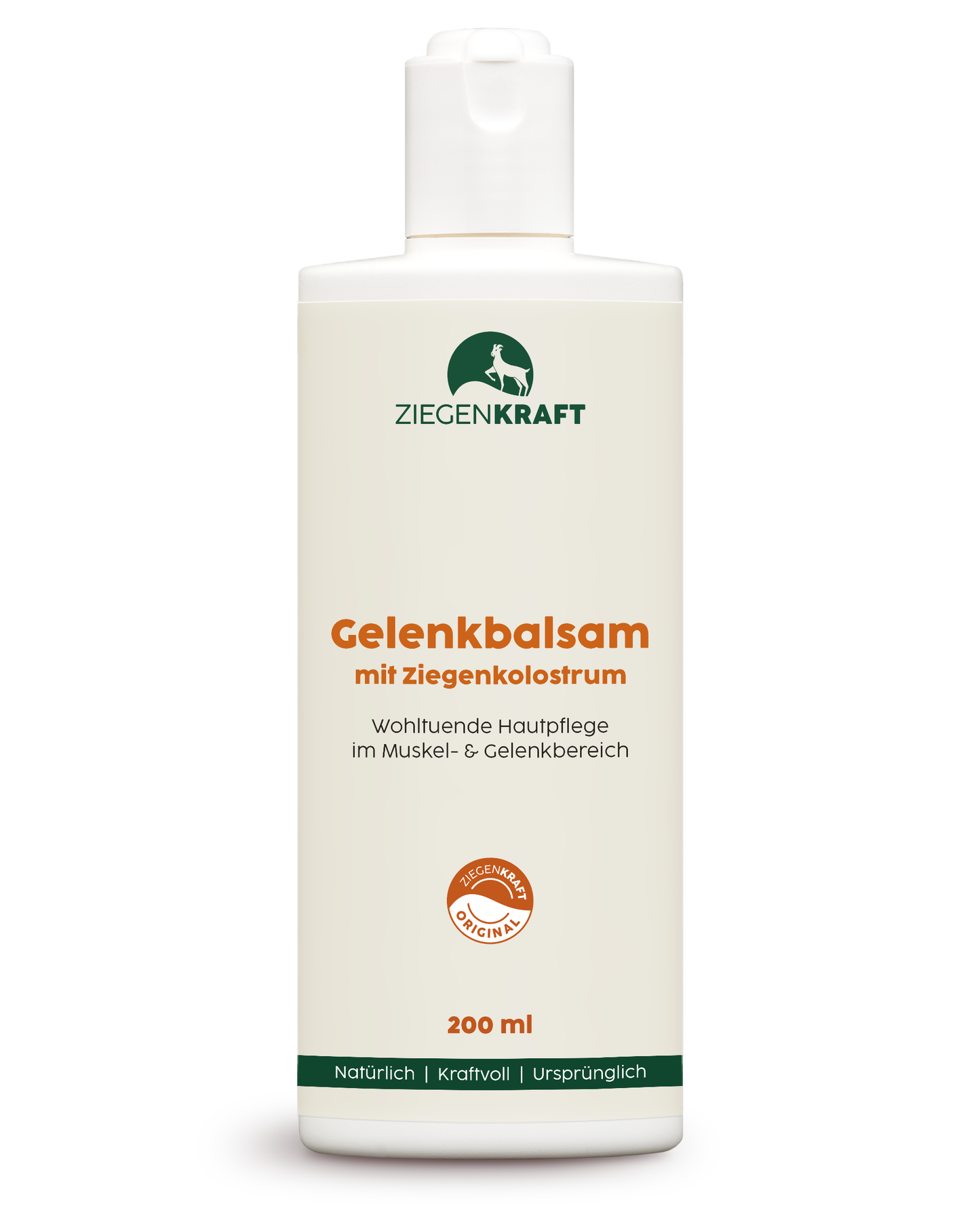 ZIEGENKRAFT Gelenkbalsam 200 ml – weiße Flasche mit Dosierkappe für Balsam mit Ziegenkolostrum.