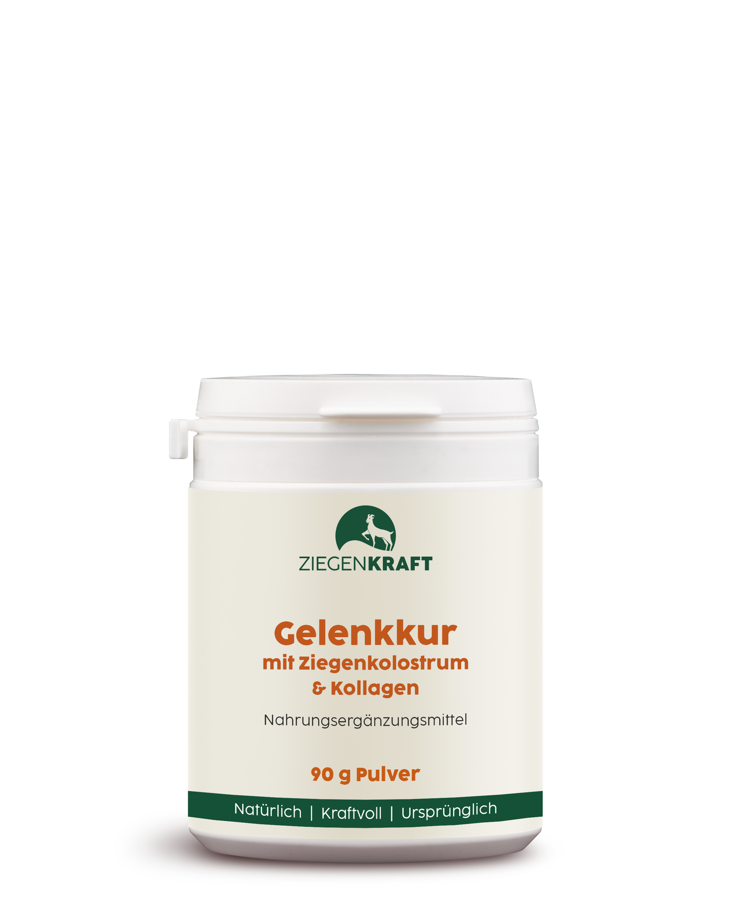 ZIEGENKRAFT Gelenkkur 90 g – kleine weiße Kunststoffdose mit Pulver aus Ziegenkolostrum und Kollagen.
