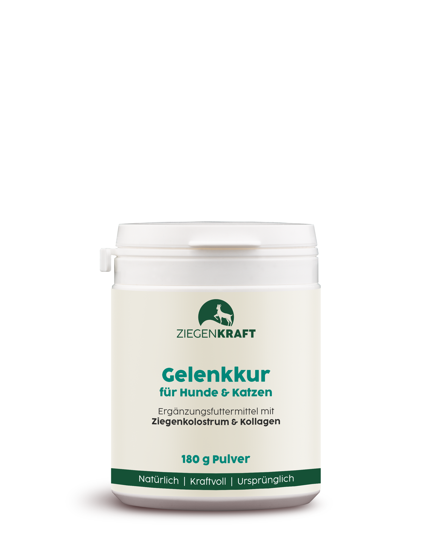 ZIEGENKRAFT Gelenkkur 180 g – Produktabbildung des Ziegenkolostrum-Pulvers für Hunde und Katzen in weißer Dose.