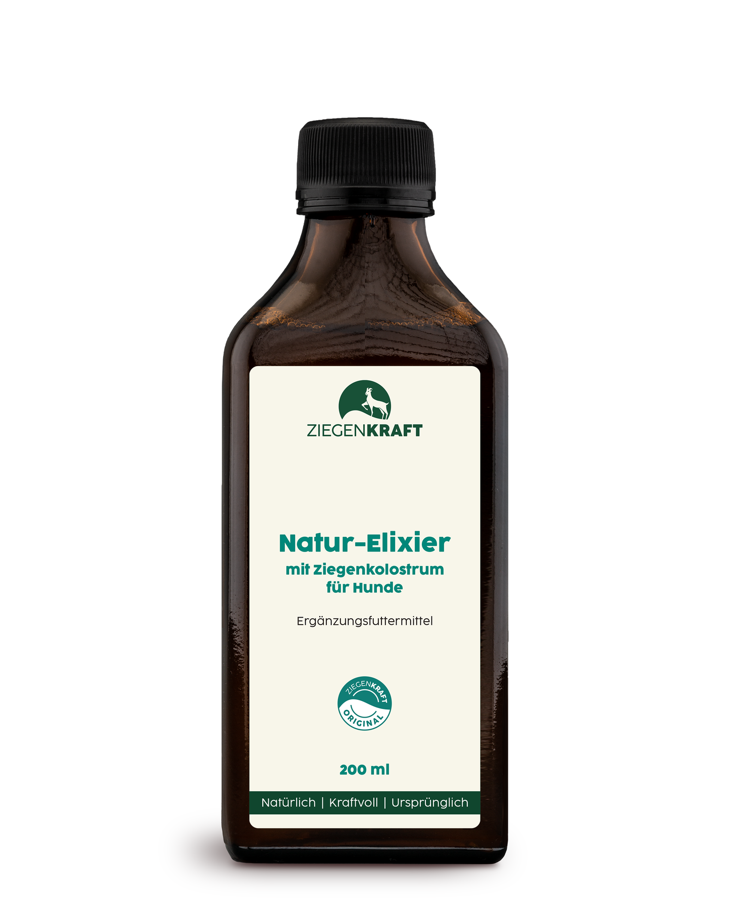 ZIEGENKRAFT Natur-Elixier 200 ml – Produktabbildung des flüssigen Ergänzungsproduktes mit Ziegenkolostrum für Hunde in Braunglasflasche.
