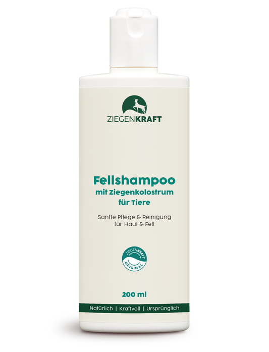 ZIEGENKRAFT Fellshampoo 200 ml – Produktabbildung des Tierpflegeshampoos mit Ziegenkolostrum in weißer Flasche.