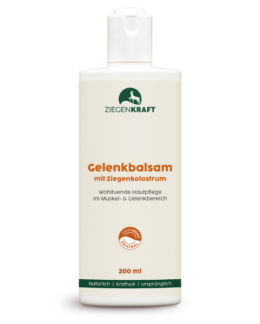 ZIEGENKRAFT Gelenkbalsam 200 ml – weiße Flasche mit Dosierkappe für Balsam mit Ziegenkolostrum.
