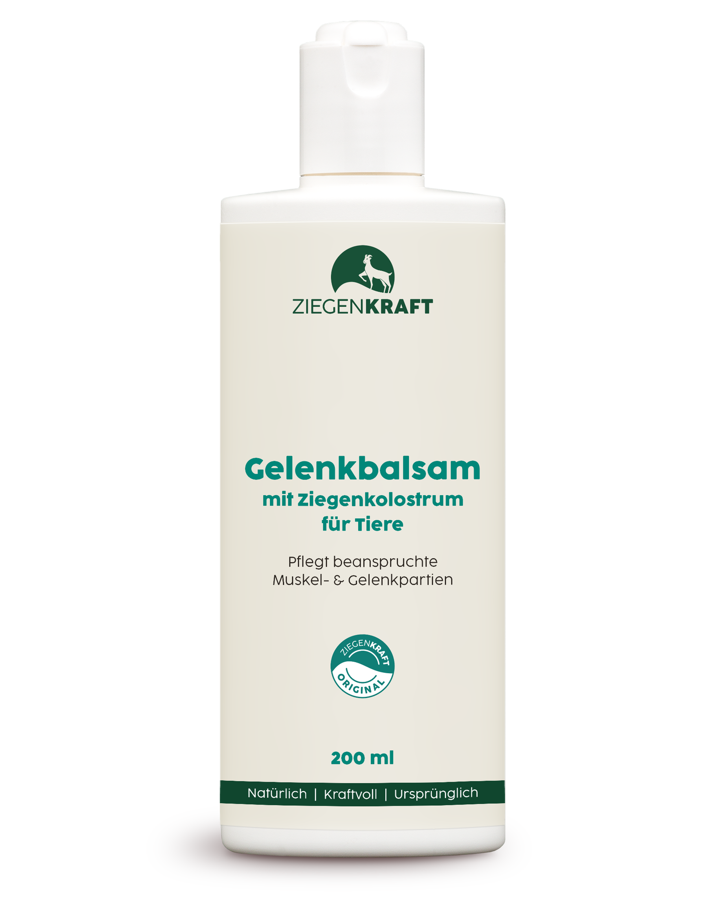ZIEGENKRAFT Gelenkbalsam 200 ml – Produktabbildung des pflegenden Balsams mit Ziegenkolostrum für Tiere in weißer Flasche.
