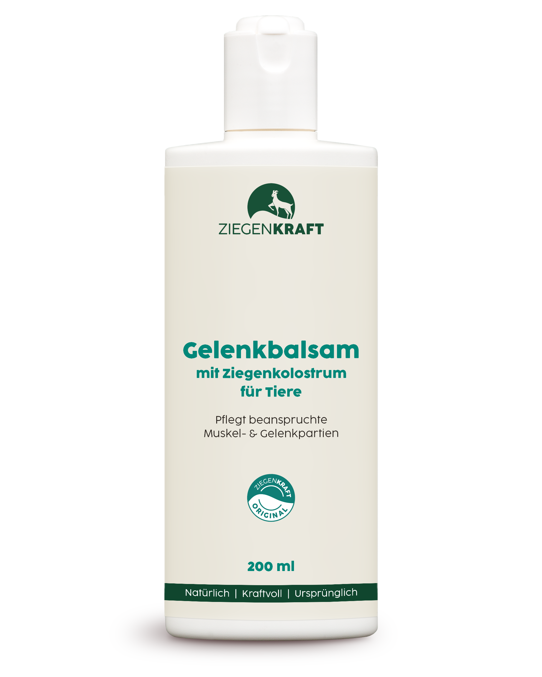 ZIEGENKRAFT Gelenkbalsam 200 ml – Produktabbildung des pflegenden Balsams mit Ziegenkolostrum für Tiere in weißer Flasche.