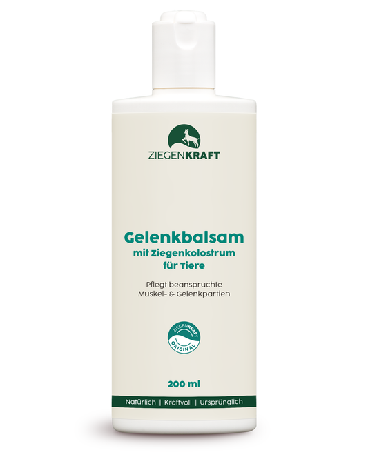 ZIEGENKRAFT Gelenkbalsam 200 ml – Produktabbildung des pflegenden Balsams mit Ziegenkolostrum für Tiere in weißer Flasche.