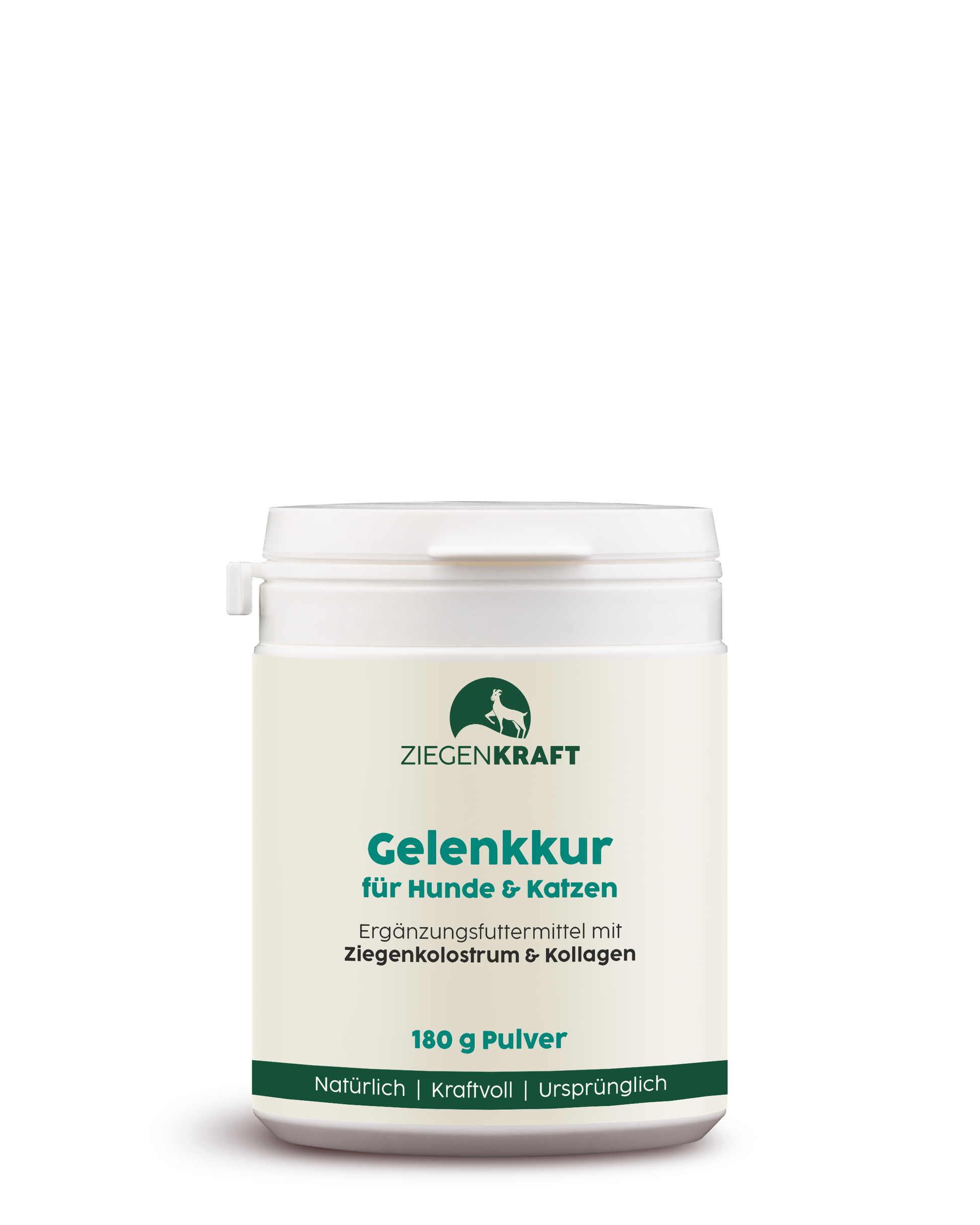 ZIEGENKRAFT Gelenkkur 180 g – Produktabbildung des Ziegenkolostrum-Pulvers für Hunde und Katzen in weißer Dose.