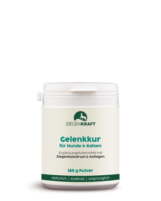ZIEGENKRAFT Gelenkkur 180 g – Produktabbildung des Ziegenkolostrum-Pulvers für Hunde und Katzen in weißer Dose.