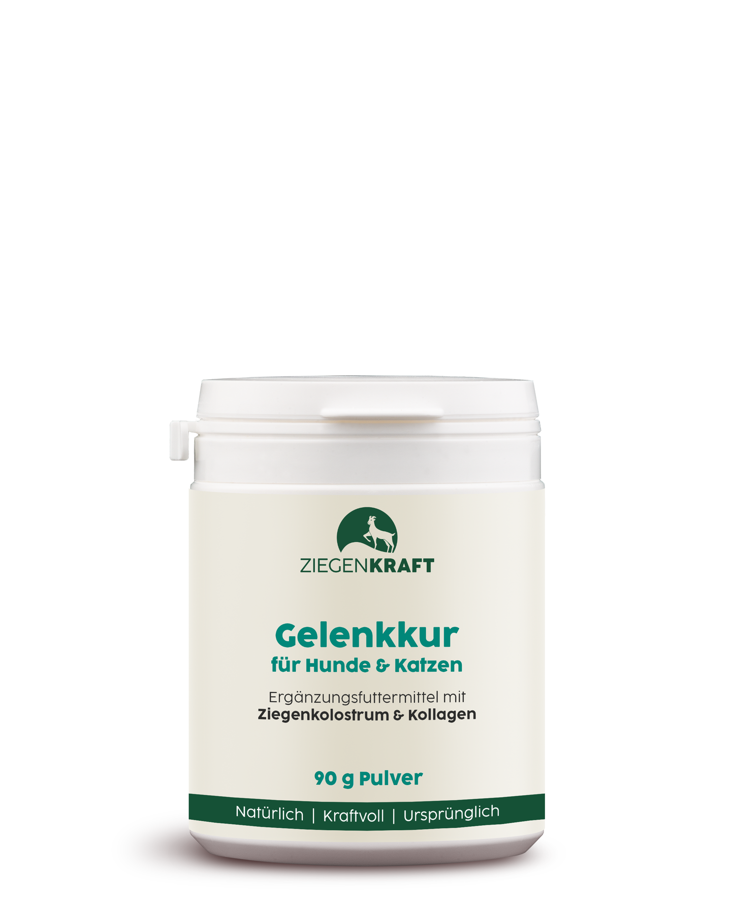 ZIEGENKRAFT Gelenkkur 90 g – Produktabbildung des Ziegenkolostrum-Pulvers für Hunde und Katzen in kleiner Dose.