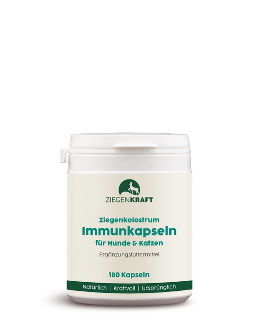 ZIEGENKRAFT Immunkapseln 180 Kapseln – Produktabbildung mit Ziegenkolostrum für Hunde und Katzen in weißer Dose.