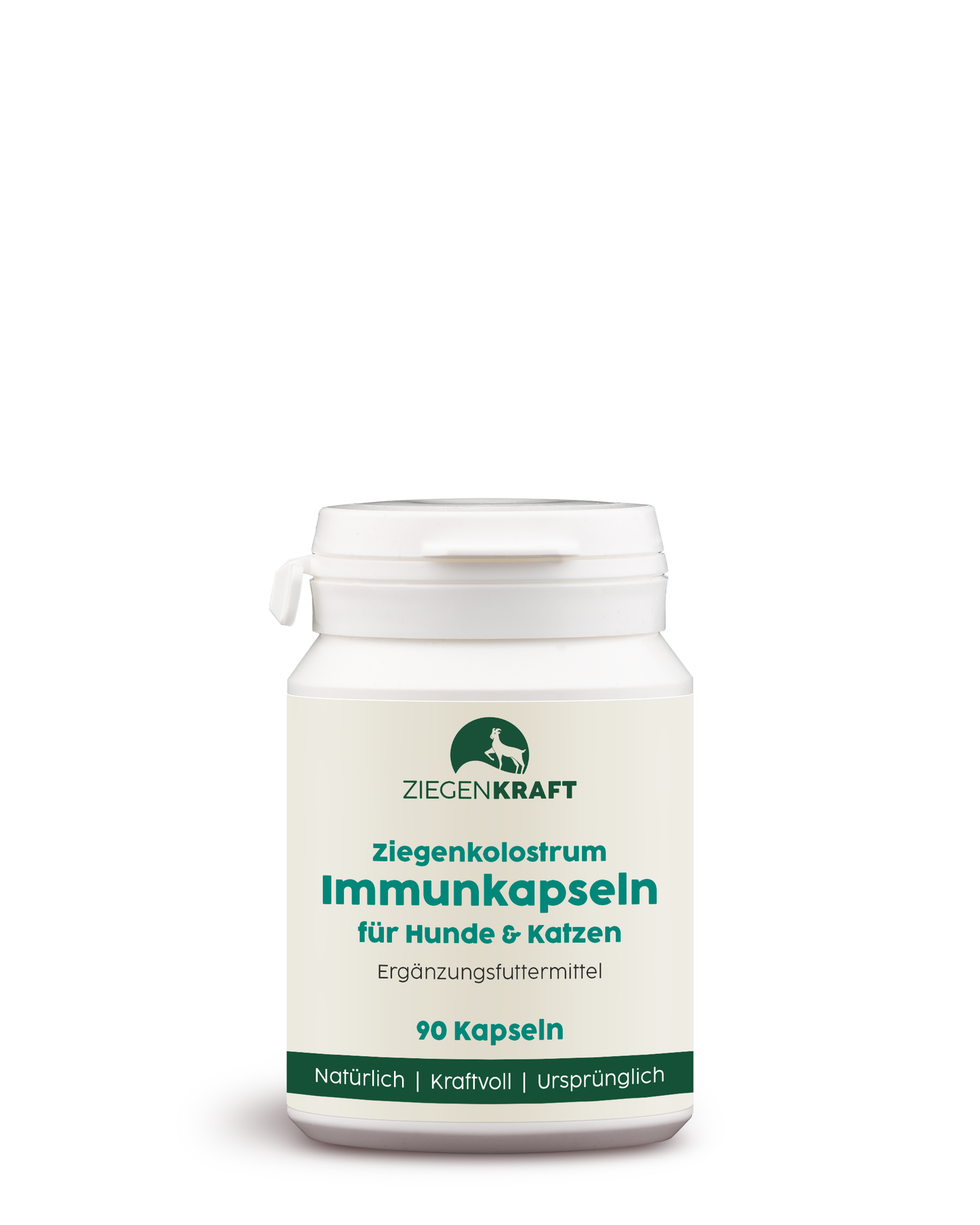 ZIEGENKRAFT Immunkapseln 90 Kapseln – Produktabbildung der Ziegenkolostrum-Kapseln für Hunde und Katzen in kompakter Dose.