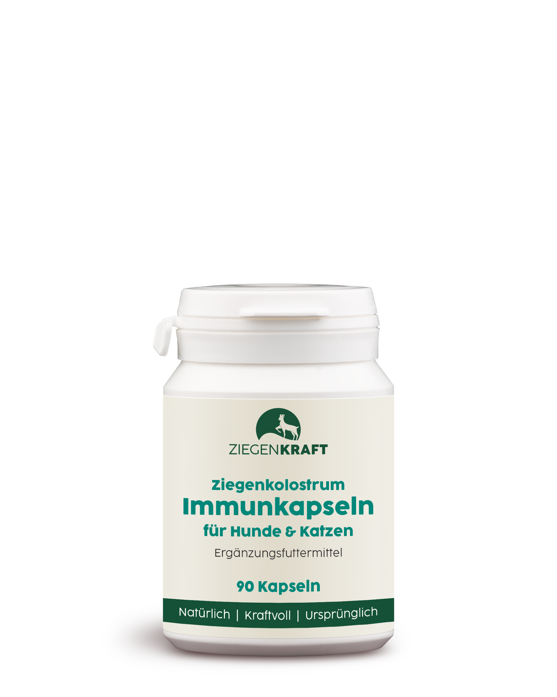 ZIEGENKRAFT Immunkapseln 90 Kapseln – Produktabbildung der Ziegenkolostrum-Kapseln für Hunde und Katzen in kompakter Dose.