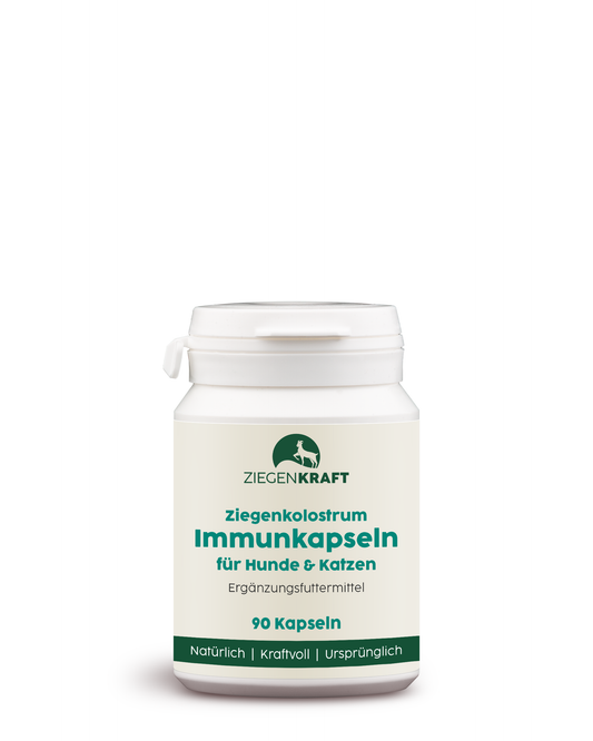 ZIEGENKRAFT Immunkapseln 90 Kapseln – Produktabbildung der Ziegenkolostrum-Kapseln für Hunde und Katzen in kompakter Dose.