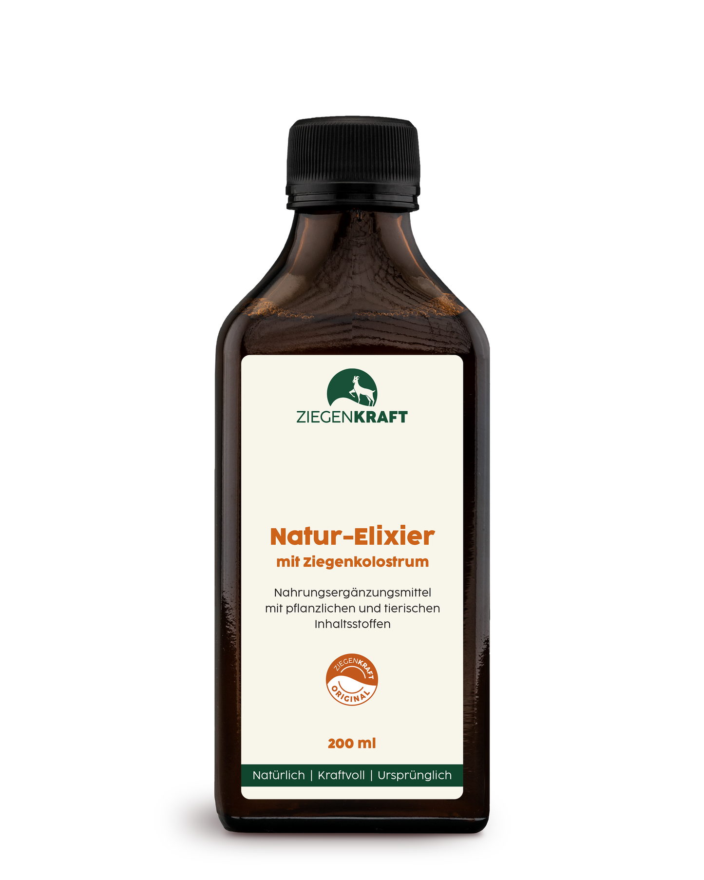 ZIEGENKRAFT Natur-Elixier 200 ml – braune Glasflasche mit Ziegenkolostrum-Elixier.