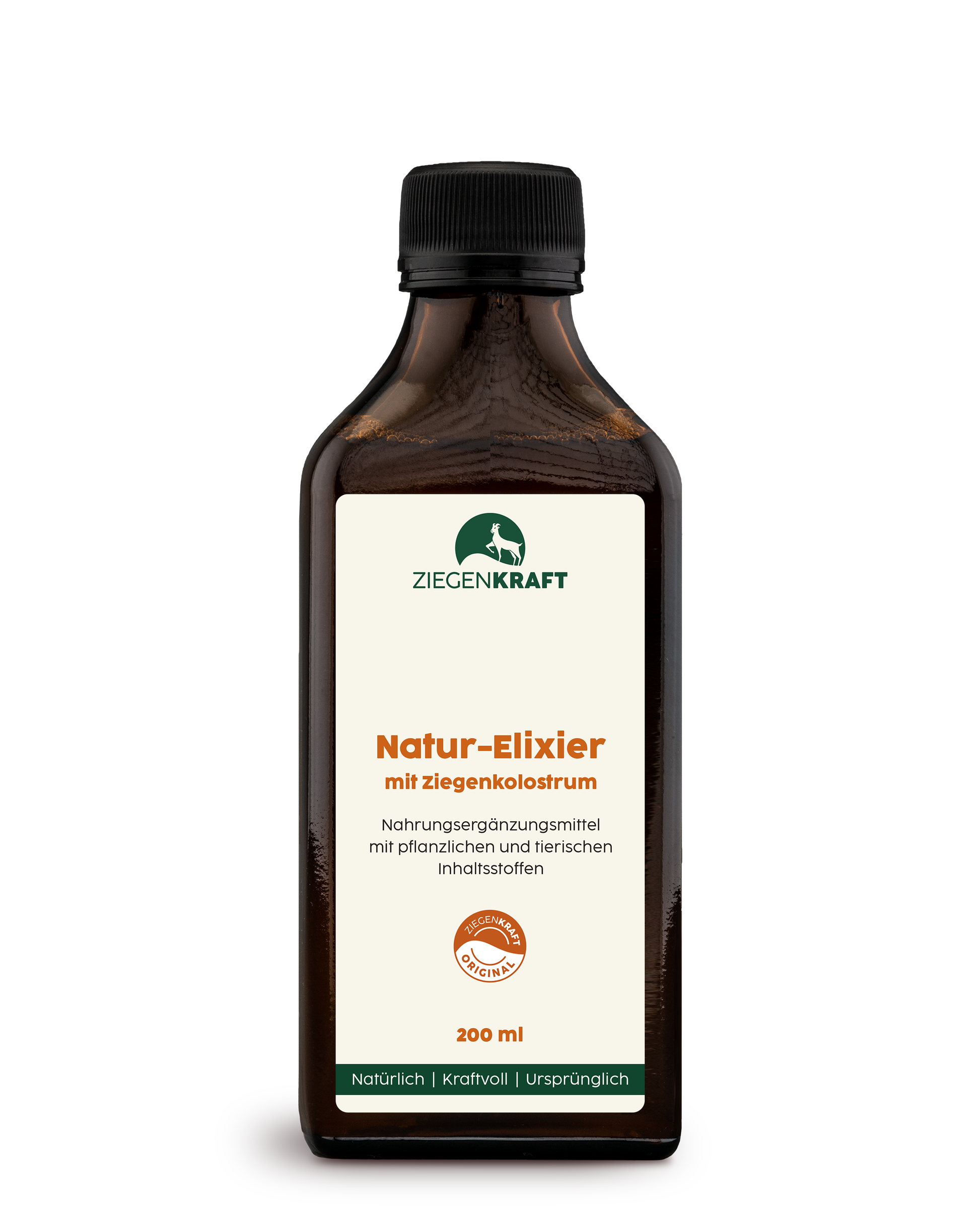 ZIEGENKRAFT Natur-Elixier 200 ml – braune Glasflasche mit Ziegenkolostrum-Elixier.