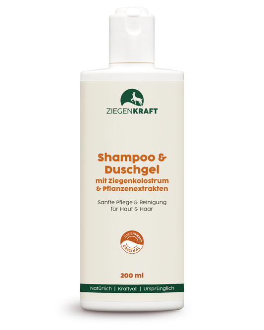 ZIEGENKRAFT Shampoo & Duschgel 200 ml – weiße Flasche mit 2-in-1 Pflegeprodukt mit Ziegenkolostrum.